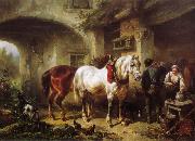 Wouterus Verschuur Horses and people in a courtyard oil painting on canvas